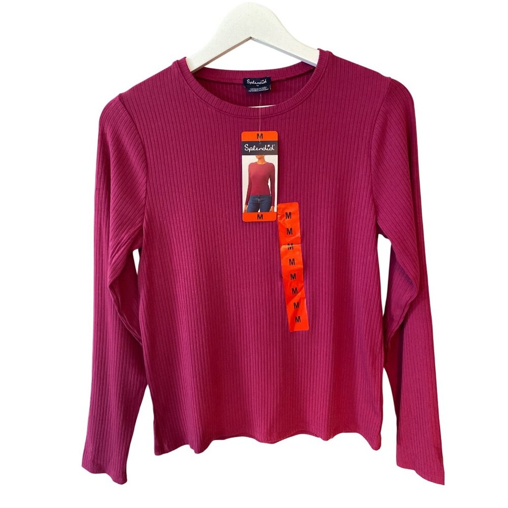 Splendid Women's Ribbed Long Sleeve Top M Rayon Blend Ruby Pink Stretch Knit